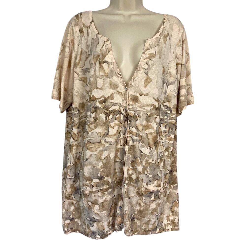 Coldwater Creek Cardigan Sweater Large Tan Watercolor Floral Neutral Pockets